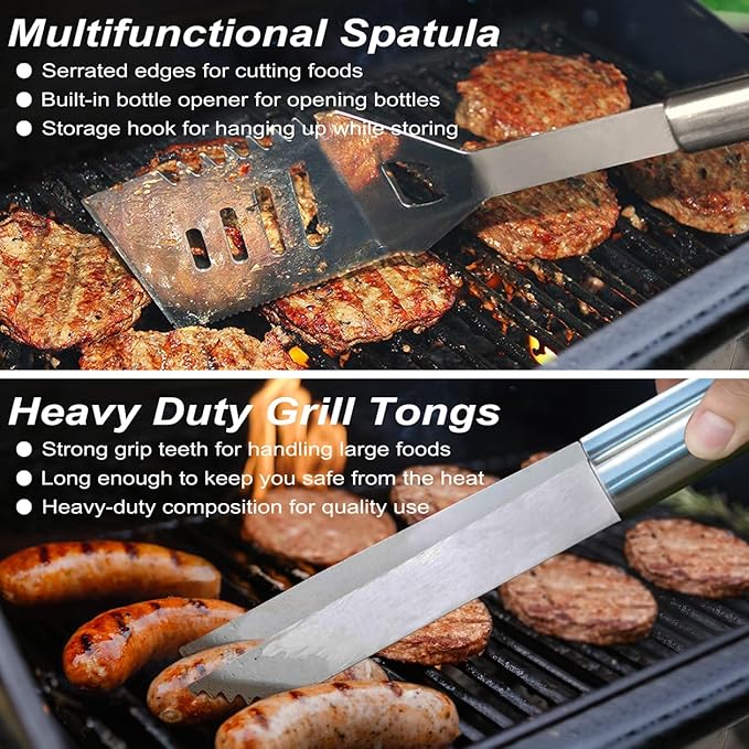 POLIGO 22PCS Heavy Duty BBQ Grill Accessories Set, Non-Slip Grill Tools for Outdoor Grill Set Stainless Steel Grill Utensils Set, Deluxe Grilling Tools Set in Aluminum Case Ideal Gifts for Men Silver