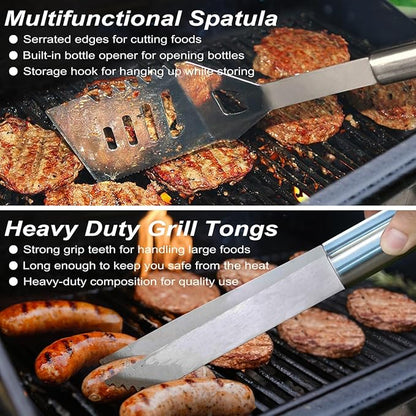 POLIGO 22PCS Heavy Duty BBQ Grill Accessories Set, Non-Slip Grill Tools for Outdoor Grill Set Stainless Steel Grill Utensils Set, Deluxe Grilling Tools Set in Aluminum Case Ideal Gifts for Men Silver