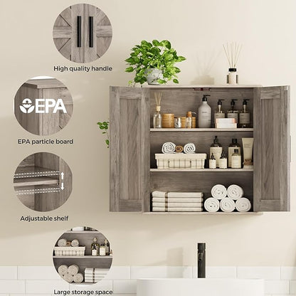 Homleke Bathroom Wall Cabinet, Over Toilet Storage Cabinet with Barn Doors and Adjustable Shelves, 3-Tier Medicine Cabinet Wall Mounted, for Bathroom, Kitchen, Entryway, Laundry Room, Greige, (7.9" D)