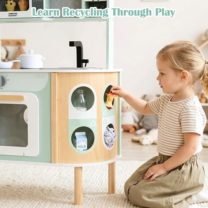 INFANS Kids Kitchen Playset, Toddler Wooden Pretend Cooking Set with Stove Microwave Dustbin Storage Cabinet, Play Kitchen Toy Set with Toy Food Cookware Accessories for Children Boys Girls