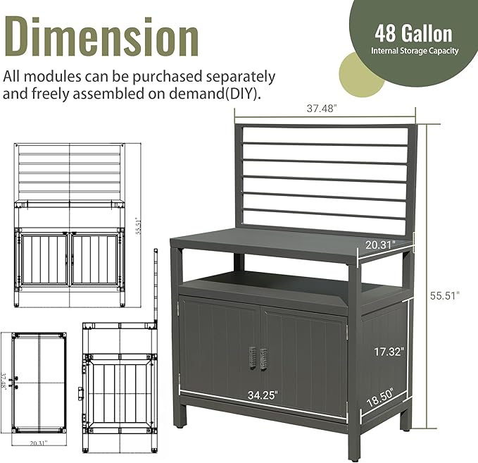 Domi Outdoor Kitchen Series, Modular Kitchen Island Counter with Whole Aluminum Finish & Shelf & Wall Hanging & Countertop & Storage Box & Cover, BBQ Grill Table for Deck Patio, Dark Gray