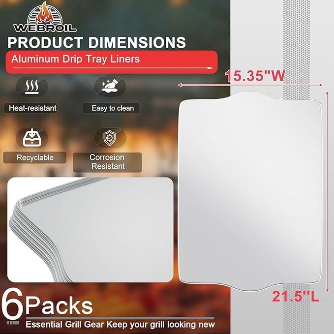 6 Packs BAC507 Drip Tray Liners for Traeger Pro 22 & Pro 575 Most Rectangular Pellet Grills and Smokers, Heat-Resistant Foil Liners for Traeger Grill Accessories, Aluminum Grease Tray 20" x 15.6"