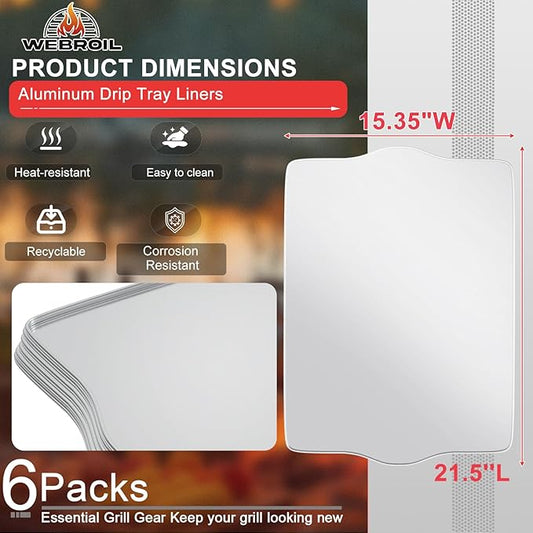 6 Packs BAC507 Drip Tray Liners for Traeger Pro 22 & Pro 575 Most Rectangular Pellet Grills and Smokers, Heat-Resistant Foil Liners for Traeger Grill Accessories, Aluminum Grease Tray 20" x 15.6"