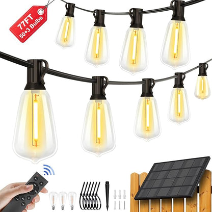 77FT Solar String Lights with 50 Bulbs 1.5FT Bulbs Spacing, 10Hours, Remote | 3 Spare Bulbs, Remote On/Off & Sensor, Zipper & Screw, IP65 Waterproof For Patio Outside Backyard Garden Decor