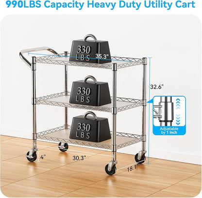 YNN Heavy Duty 3 Tier Utility Rolling Kitchen Cart on Wheels 990LB Capacity | Metal Utility Cart with Wheels Serving Cart Commercial Grade Carts with Wire Shelving & Handle Bar for Kitchen Office School