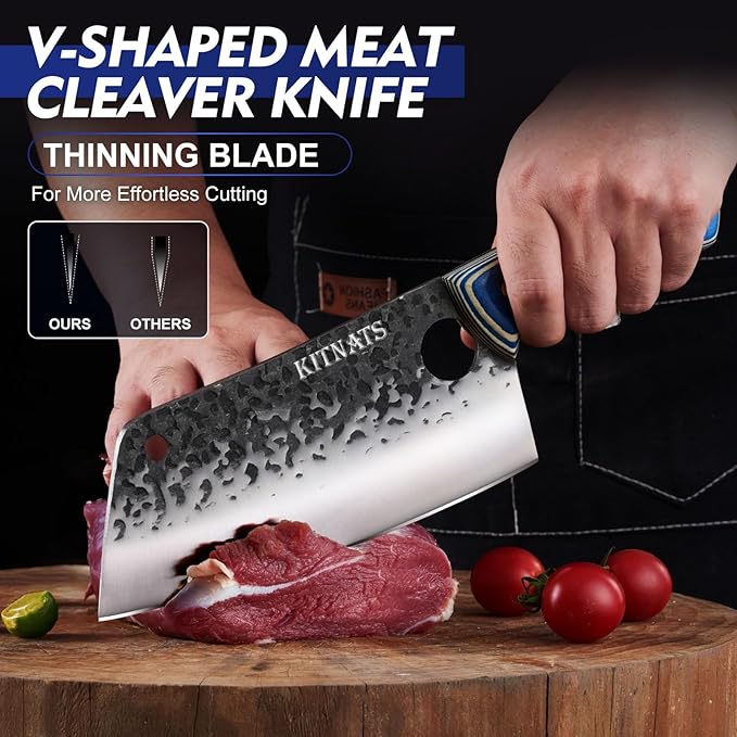 KITNATS 3PCS Butcher Knife Set, Hand Forged kitchen Knife Set-Heavy Duty Bone Chopper & Meat Cleaver & Viking Chef Knife Set for Home, Outdoor Cooking, Camping BBQ
