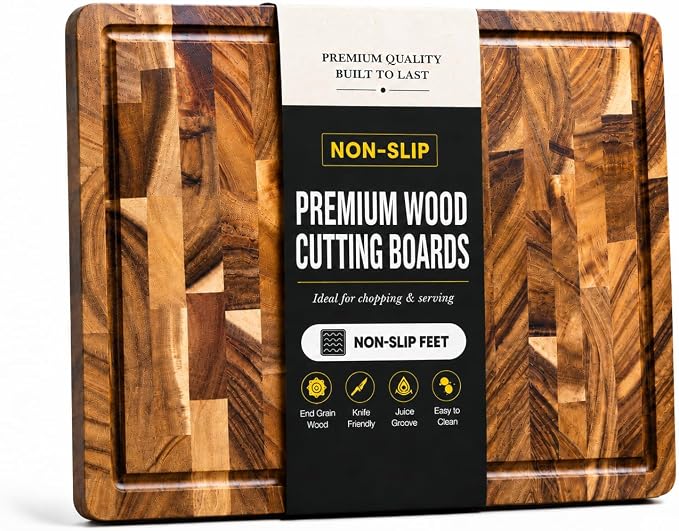 Walnut Cutting Board for Kitchen, Checkered End Grain Wood Cutting Board, Butcher Block with Juice Groove, Handle & Non-Slip Feet, Large Charcuterie Board for Meat, BBQ & Serving