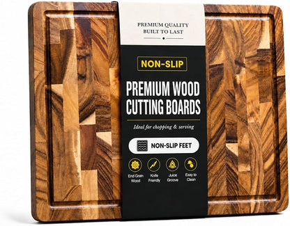 Walnut Cutting Board for Kitchen, Checkered End Grain Wood Cutting Board, Butcher Block with Juice Groove, Handle & Non-Slip Feet, Large Charcuterie Board for Meat, BBQ & Serving