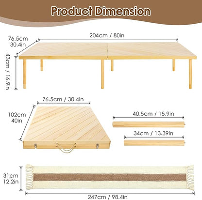 Folding Picnic Table with Table Runner, Portable Boho Low Picnic Table for Indoor Outdoor, 80" x 30" Wooden Table with Adjustable Heights for Camping, Wedding, Beach, Garden, Party (Large Size for 8)