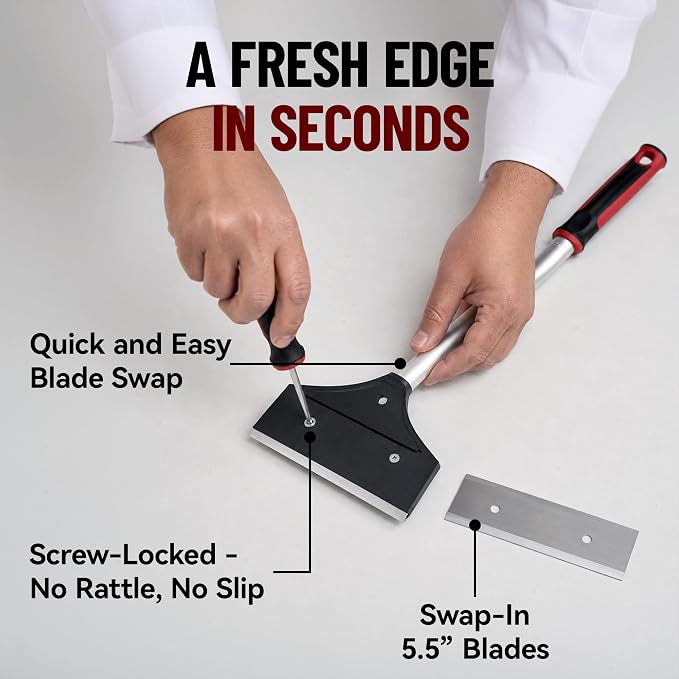 Heavy Duty Griddle Scraper for Flat Top Grills – 15.5” Long Handle Cleaning Tool w/ 5.5” Replaceable Flat Stainless Steel Blade - Removes Burnt-On Food & Grease - by FryOilSaver Co. - 90018