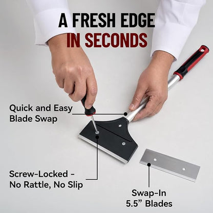 Heavy Duty Griddle Scraper for Flat Top Grills – 15.5” Long Handle Cleaning Tool w/ 5.5” Replaceable Flat Stainless Steel Blade - Removes Burnt-On Food & Grease - by FryOilSaver Co. - 90018