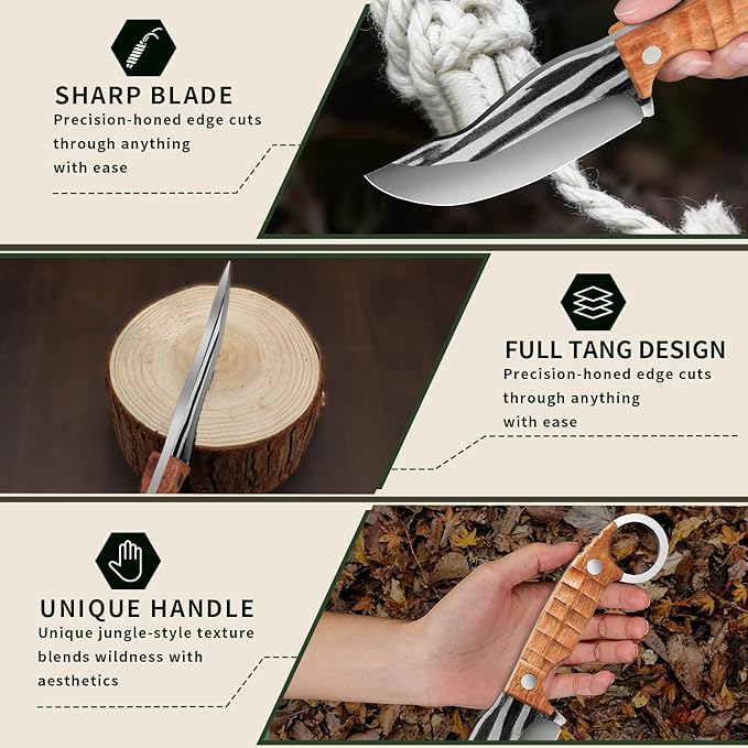 Plys Survival Knife 4” Full Tang Fixed Blade - Stainless Steel Hunting Camping Knife with Ergonomic Rosewood Handle & PU Leather Sheath for Outdoor Survival BBQ EDC