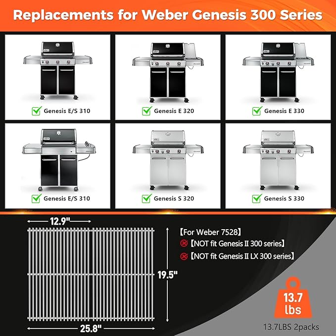 Grill Parts for Weber Genesis 300 Series, 19.5" Grill Grates for Weber Genesis E-310, E-320, E-330, 304 Stainless Steel Replacement Parts for Weber Genesis 7528 7524