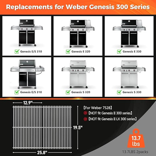 Grill Parts for Weber Genesis 300 Series, 19.5" Grill Grates for Weber Genesis E-310, E-320, E-330, 304 Stainless Steel Replacement Parts for Weber Genesis 7528 7524