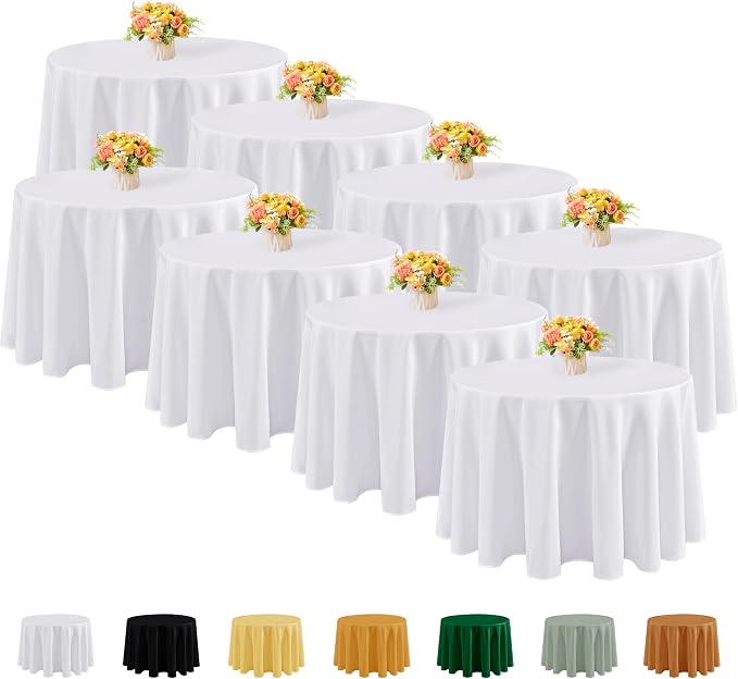 Fitable 8 Pack White Round Tablecloths - 120 Inches in Diameter | Wrinkle & Stain Resistant, Washable Polyester Fabric Cloth Cover, For Wedding, Party, Banquet, Formal Events