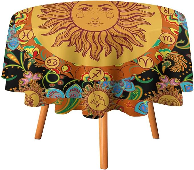Vintage Boho Sun Round Tablecloth Wildflower Floral Bohemian Hippie Sun Table Cloth Water Resistant Wipeable Table Cover for Farmhouse Picnic Party Holiday Kitchen Dinner Table 50"