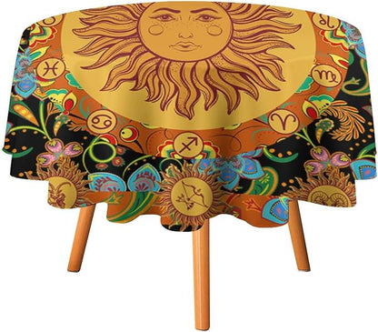 Vintage Boho Sun Round Tablecloth Wildflower Floral Bohemian Hippie Sun Table Cloth Water Resistant Wipeable Table Cover for Farmhouse Picnic Party Holiday Kitchen Dinner Table 60"