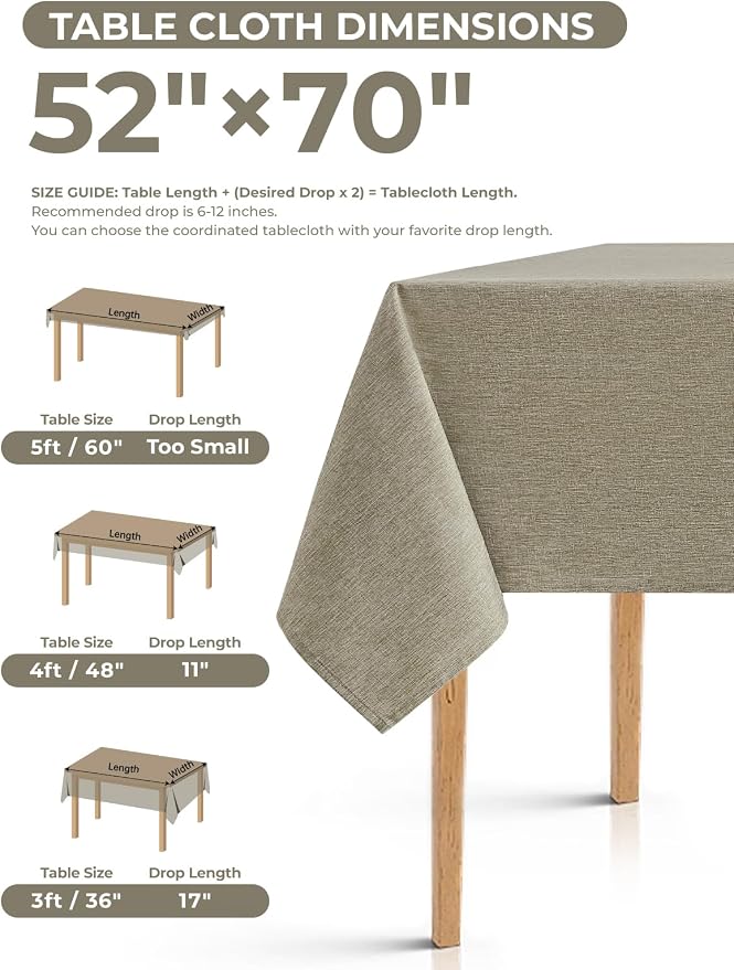 Decorelia Table Cloth for Rectangle Dining Table, Faux Linen Waterproof Texture Farmhouse Washable Rectangular Tablecloth Cover for Birthday, Party, Picnics, Wedding Decor(Natural, 52 x70 Inch)