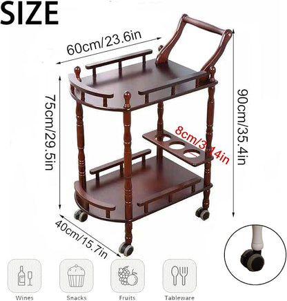 Bar Cart, Home Bar Service Cart with Wheels, 2-Layer Wine Mobile Trolley, Solid Wood Storage Rack with Bottle Rack, Mobile Food Cart Suitable for Home, Bar, Beauty Shop (Brown)