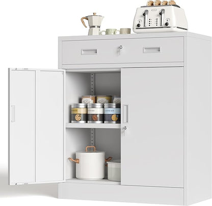 CJF Pantry Cabinet with 1 Drawer, Metal Pantry Storage Cabinets with Doors and 2 Adjustable Shelves, 36" H Locking Cabinet for Kitchen Storage, Home, Garage, Utility Room and Basement, White