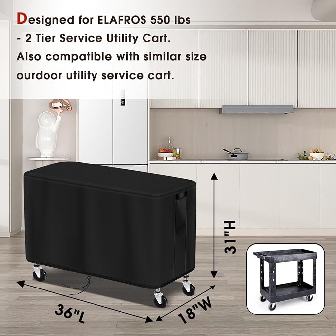 Outdoor Cart Cover for ELAFROS 550 lbs 2 Tier Plastic Utility Cart, Waterproof Service Cart Covers Rolling Tool Cart Covering - 36"Lx18"Wx29"H, Black | Waterproof Service Cart Covers Rolling Tool Cart Covering - 36"Lx18"Wx29"H, Black