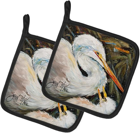 Caroline's Treasures JMK1227PTHD White Egret Pair of Pot Holders Kitchen Heat Resistant Pot Holders Sets Oven Hot Pads for Cooking Baking BBQ, 7 1/2 x 7 1/2