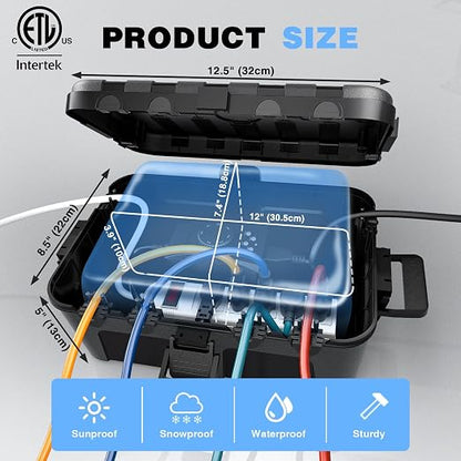 Flemoon Large Outdoor Electrical Box (12.5 x 8.5 x 5 inch), IP54 Waterproof Extension Cord Cover Weatherproof, Protect Outlet, Plug, Socket, Timer, Power Strip, Holiday Light Decoration, Black