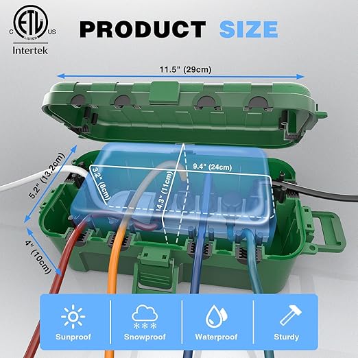 Flemoon [2 Pack] Outdoor Electrical Box Waterproof, Medium Weatherproof Electrical Box (11.5x5.2x4 inch) w/6 Cable Entry Ports, Extension Cord Cover for Power Strip, Timer, Plug, Holiday Light, Green