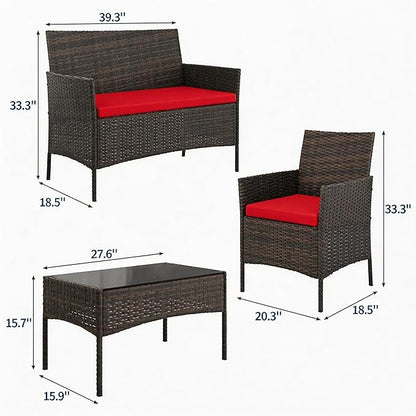 4-Piece Outdoor Furniture Set, PE Rattan Wicker Chairs with Soft Cushions & Tempered Glass Coffee Table - All-Weather Patio Set for Garden, Backyard, Porch, Poolside (Brown/Red)