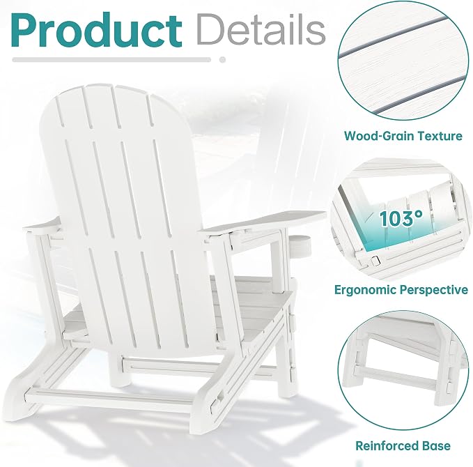 Shintenchi Adirondack Chairs Set of 2,HDPE Adirondack Chairs w/Removable Tablelop & Umbrella Hole,All-Weather Wooden Textured Plastic Outdoor Chairs w/Cup Holders for Garden Backyard Pool,White