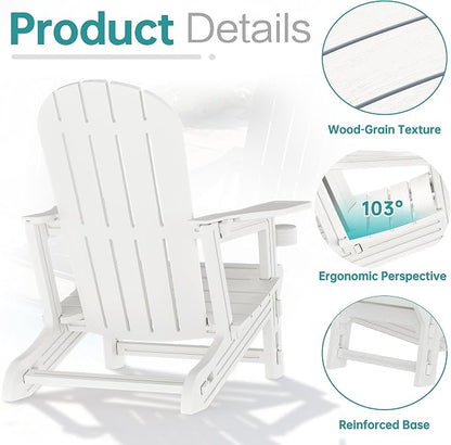 Shintenchi Adirondack Chairs Set of 2,HDPE Adirondack Chairs w/Removable Tablelop & Umbrella Hole,All-Weather Wooden Textured Plastic Outdoor Chairs w/Cup Holders for Garden Backyard Pool,White