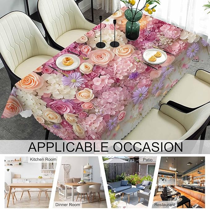 Rose Dinner Tablecloth Table Cover, Pink Wall Floral Roses Peonies Blossom 52x70 Inch Table Cloth Dust-Proof Table Cover Protector for Home Restaurant Picnic Camping BBQ