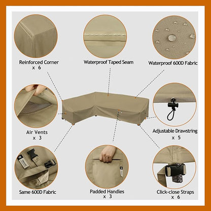 Heavy Duty Outdoor Sectional Sofa Cover, 90"X120" Waterproof 600D Patio Sectional Couch Cover, Lawn Patio Furniture Cover (Desert Khaki, L-Shaped-Left Facing-90 x120)