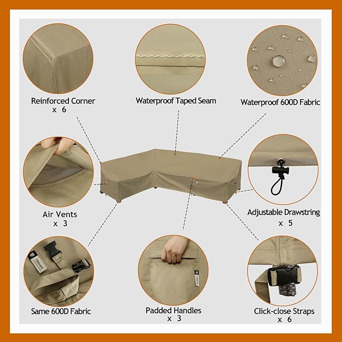 Heavy Duty Outdoor Sectional Sofa Cover, 83"X115" Waterproof 600D Patio Sectional Couch Cover, Lawn Patio Furniture Cover (Desert Khaki, L-Shaped-Left Facing-83 x115)