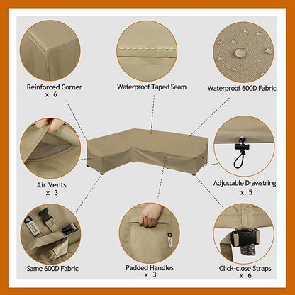 Heavy Duty Outdoor Sectional Sofa Cover, 83"X115" Waterproof 600D Patio Sectional Couch Cover, Lawn Patio Furniture Cover (Desert Khaki, L-Shaped-Left Facing-83 x115)