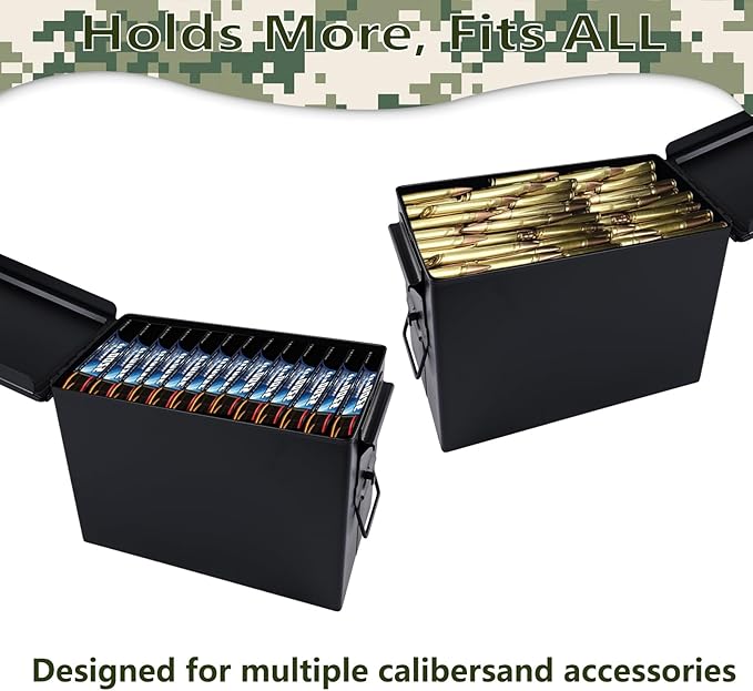 Ammo Can&Ammo Box, Fireproof & Waterproof Metal Storage Box - Perfect for Ammo, Lithium Batteries & RC Car Batteries (Square Lock, Black-12.8 * 7.4 * 6.1")