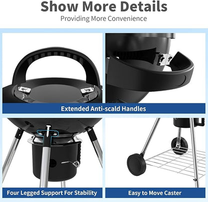 18.5-Inch Portable Charcoal Grill, Heavy Duty Kettle BBQ Smoker with Built-in Thermometer & Removable Water-Rinsable Ash Catcher for Outdoor Camping, Patio, Backyard, and Tailgating