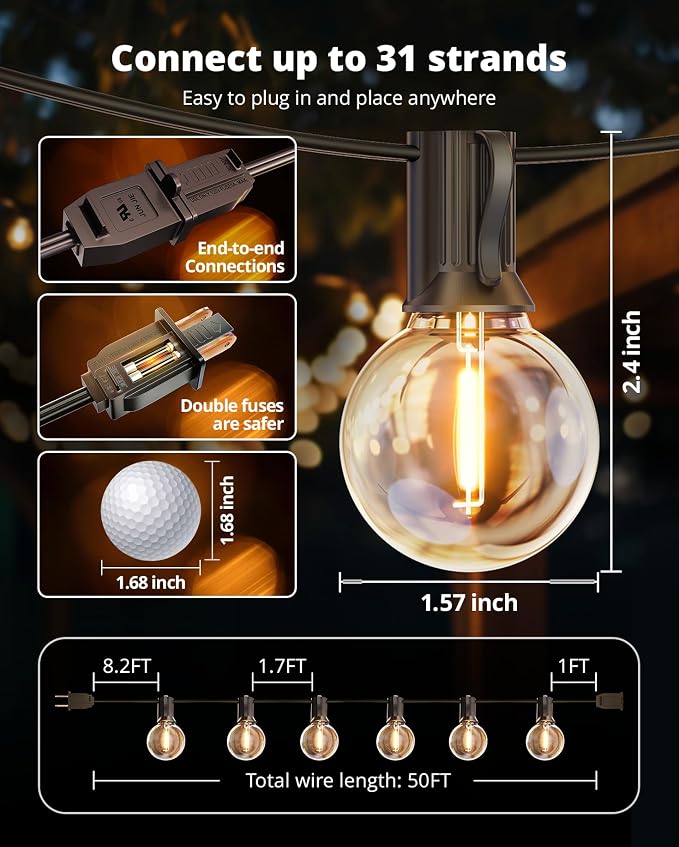 VIPAR Patio Lights, 50FT 27 G40 Bulbs Outdoor String Lights Waterproof for outside, Shatterproof Vintage Connectable LED Outdoor Lights for Patio, Backyard, Porch, Garden, Deck, Bistro, 2700K Dimmable