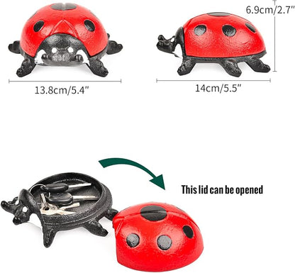 Sungmor Cast Iron Ladybug Key Hider, Garden Statue–Antique Red | Heavy Duty Small Animal Figurine for Porch Patio Shelf Indoor Outdoor Home Ornament