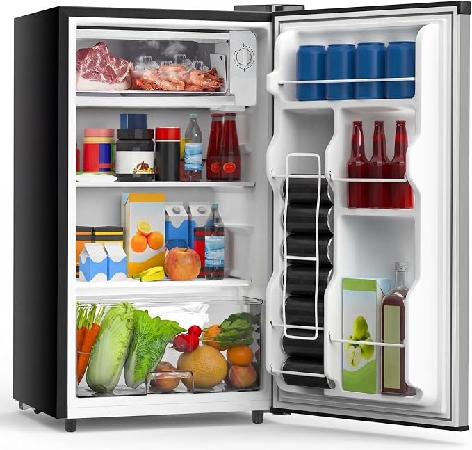 DUMOS 3.2 Cu.Ft Mini Fridge with Freezer, Single Door Refrigerator with Adjustable Thermostat, Compact Small Fridge for Bedroom, Office, Dorm, Silver Single Door