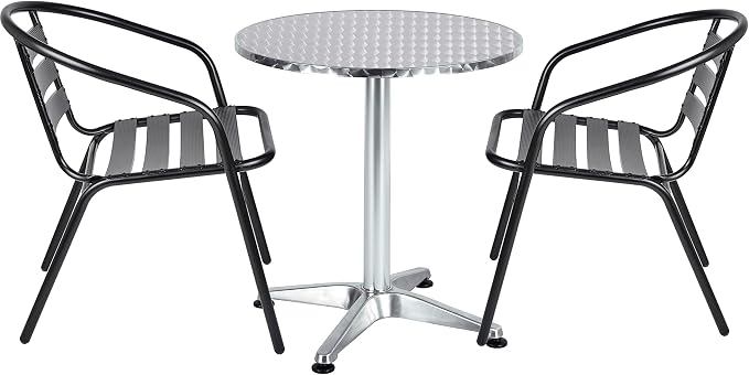 Indoor Outdoor 23.75" Restaurant Stainless Steel Aluminum Metal Slat Stack Commercial Lightweight, 2 Chairs with a Round Table, Silver/Black