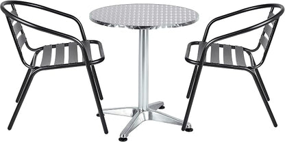 Indoor Outdoor 23.75" Restaurant Stainless Steel Aluminum Metal Slat Stack Commercial Lightweight, 2 Chairs with a Round Table, Silver/Black