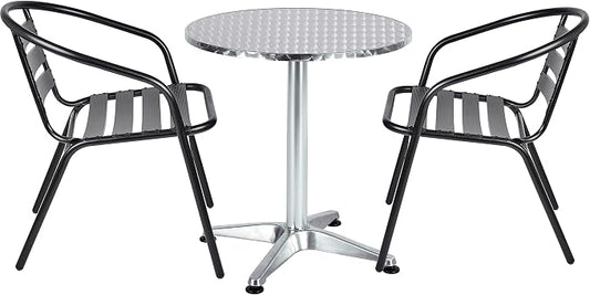 Indoor Outdoor 23.75" Restaurant Stainless Steel Aluminum Metal Slat Stack Commercial Lightweight, 2 Chairs with a Round Table, Silver/Black