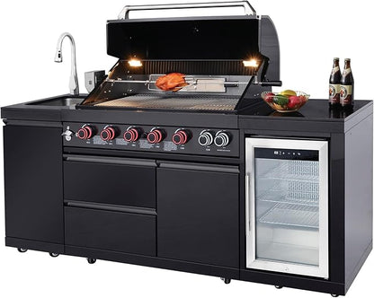 82" Modular Outdoor Kitchen Island with Grill, 6-Burner 83,500 BTU Propane BBQ Island, 304 Stainless Steel, Refrigerator, Sink & Rotisserie, for Backyard and Patio Cooking, Black