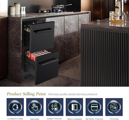 15 inch Double Drawer drawer refrigerator under counter Beverage Refrigerator, Indoor/Outdoor Fridge for Patio, Kitchen & Bar, Weatherproof