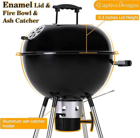Captiva Designs 18-inch Kettle Charcoal BBQ Grill with Porcelain-Enameled Lid & Bowl, Thick Chromplated Grate, Slid Out Ash Catcher for Outdoor Cooking, Picnic, Patio, Backyard