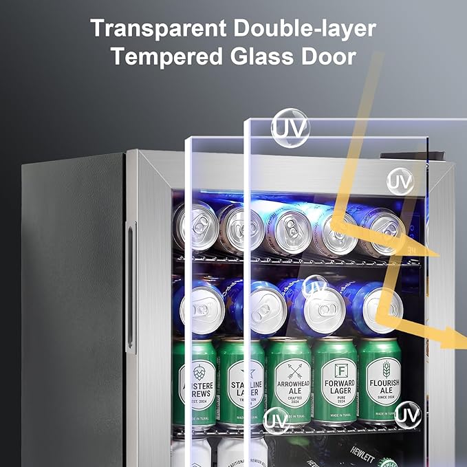 Mini Fridge Cooler - Small Beverage Refrigerator Stainless Steel Glass Door for Soda Beer Wine–Countertop Drink Cooler for Home, Dorm, Office or Bar, Electronic Temperature Control，1.4cu.ft.