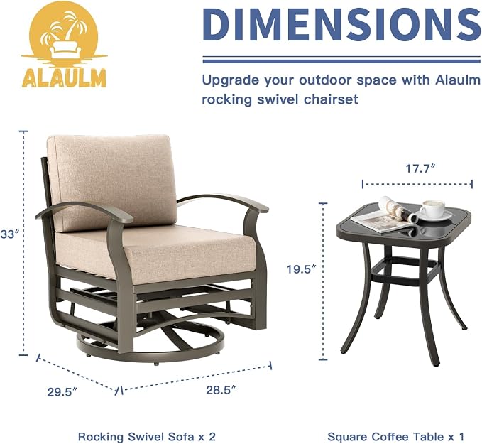 ALAULM 3 Piece Aluminum Outdoor Swivel Armchairs High Back Metal Swivel Rocking Chairs with 5.1" Sponge Cushions &1 Coffee Table for Patio, Porch, Backyards, Garden(Sand)