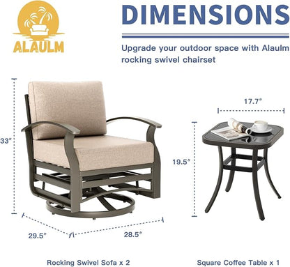 ALAULM 3 Piece Aluminum Outdoor Swivel Armchairs High Back Metal Swivel Rocking Chairs with 5.1" Sponge Cushions &1 Coffee Table for Patio, Porch, Backyards, Garden(Sand)