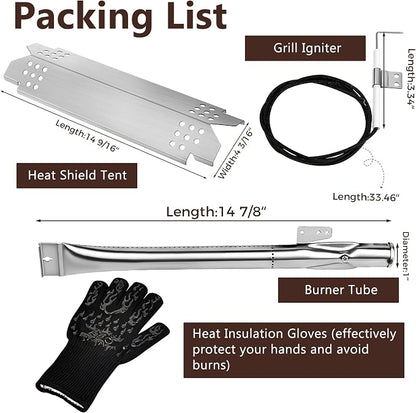 Romalon Stainless Steel Grill Replacement Parts Grill Burner Tube, Heat Plate and Grill Igniters Kit with Gloves Fit for Nexgrill 4 Burner 720-0830H 720-0783E 720-0830A Nexgrill 720-0888N